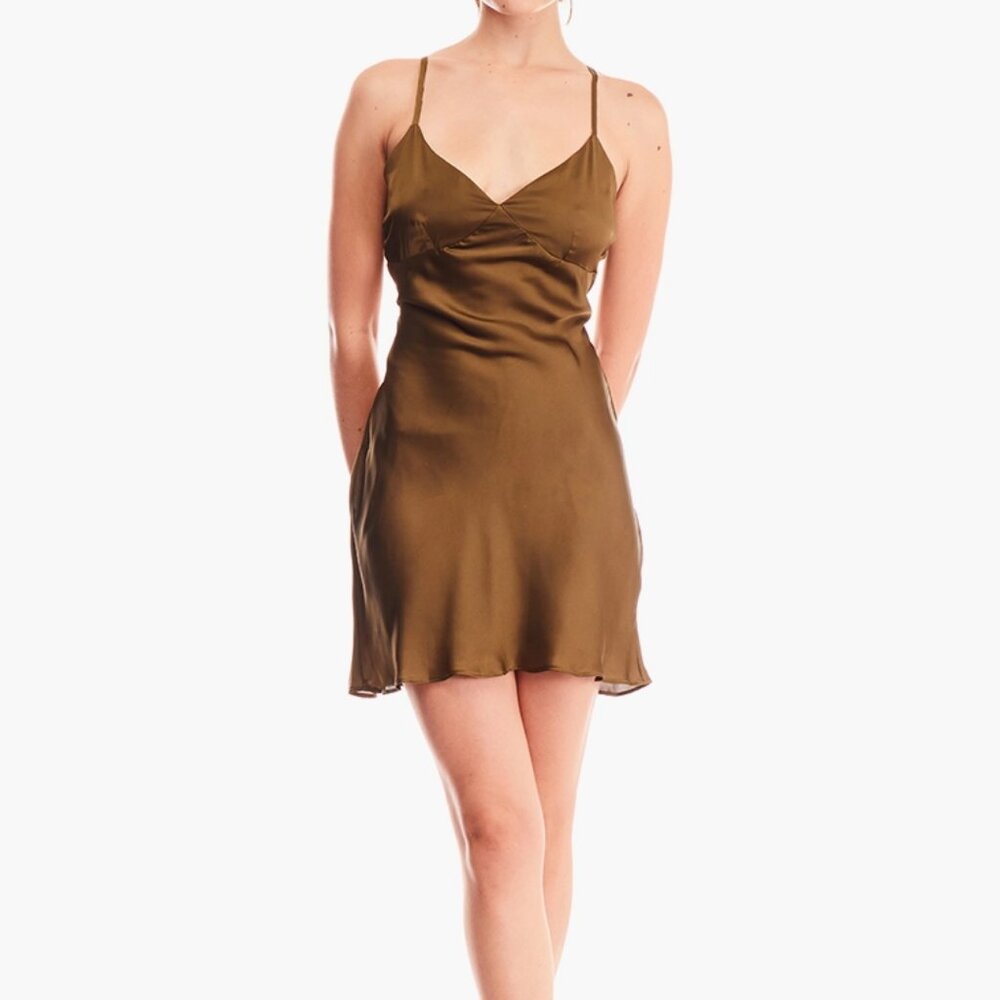 New EMORY PARK Chocolate Satiny Strappy Tie Back Mini Slip Dress SM